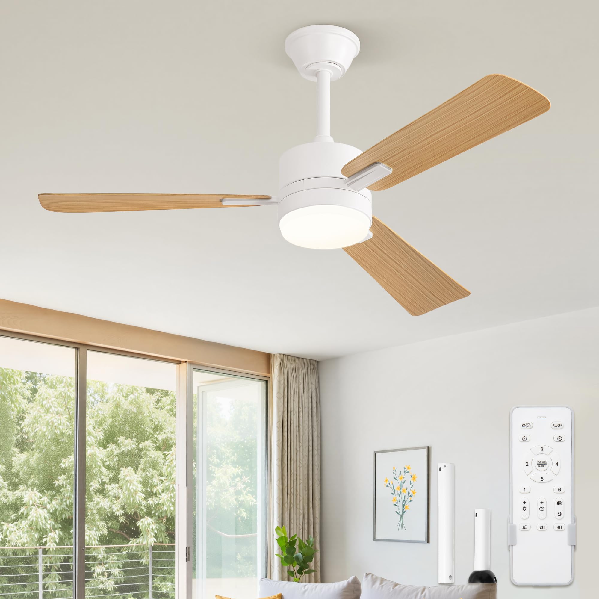 ZMISHIBO Ceiling Fan with Light Ø106 cm, Silent, 6 Speeds, 3 CCT, Reverse Function, Remote Control, Timer, Wood Colour, Ideal for Bedroom, Living Room and Dining Room (45 W) ABS