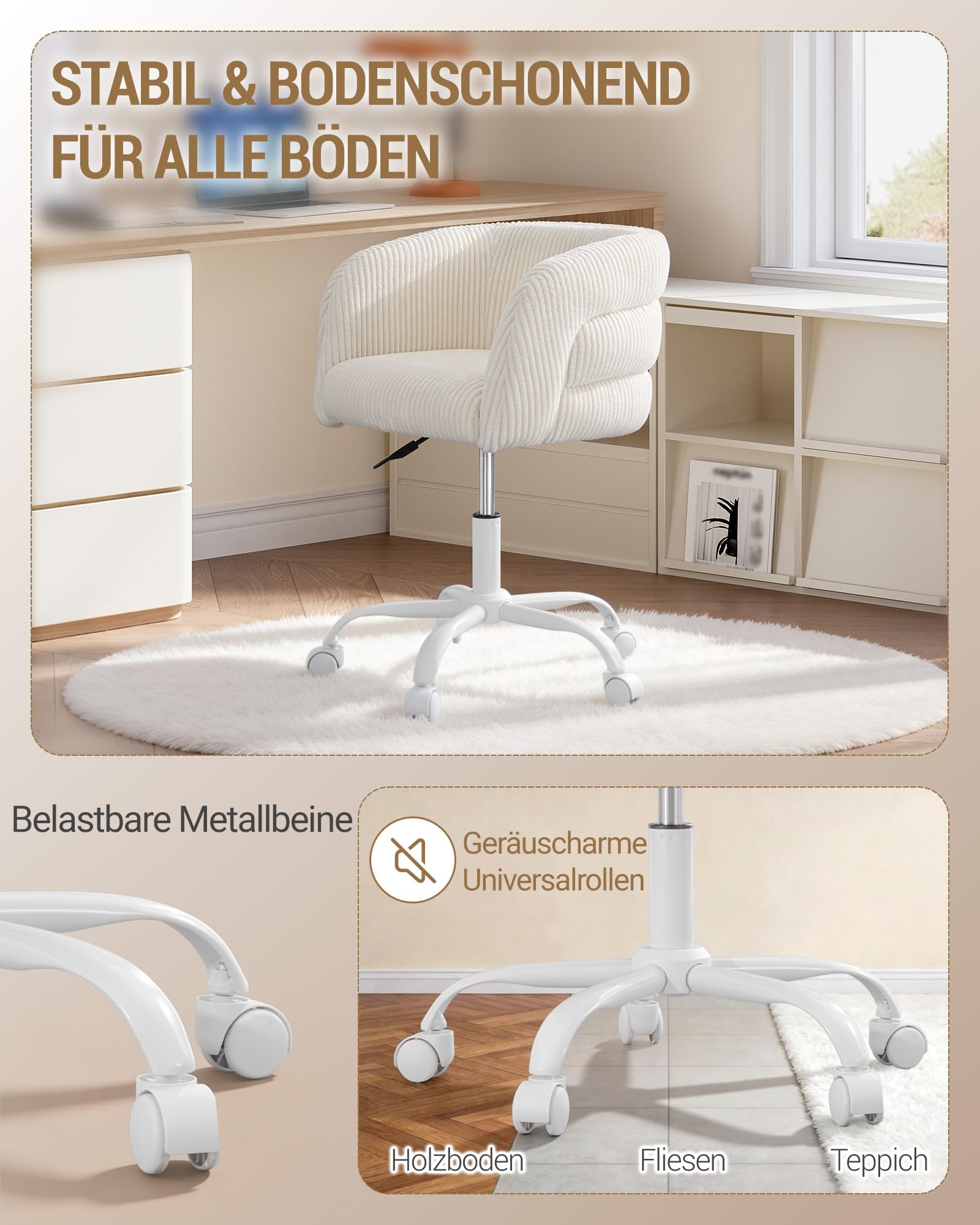 Hzuaneri Schminkhocker mit Rollen, 360° Schwenkbar, Drehstuhl, Weiß | Schminkstuhl, Höhenverstellbar, Schminkhocker mit Armlehnen und Rückenlehne,Geeignet für Schminktisch, Schlafzimmer, VS32903M