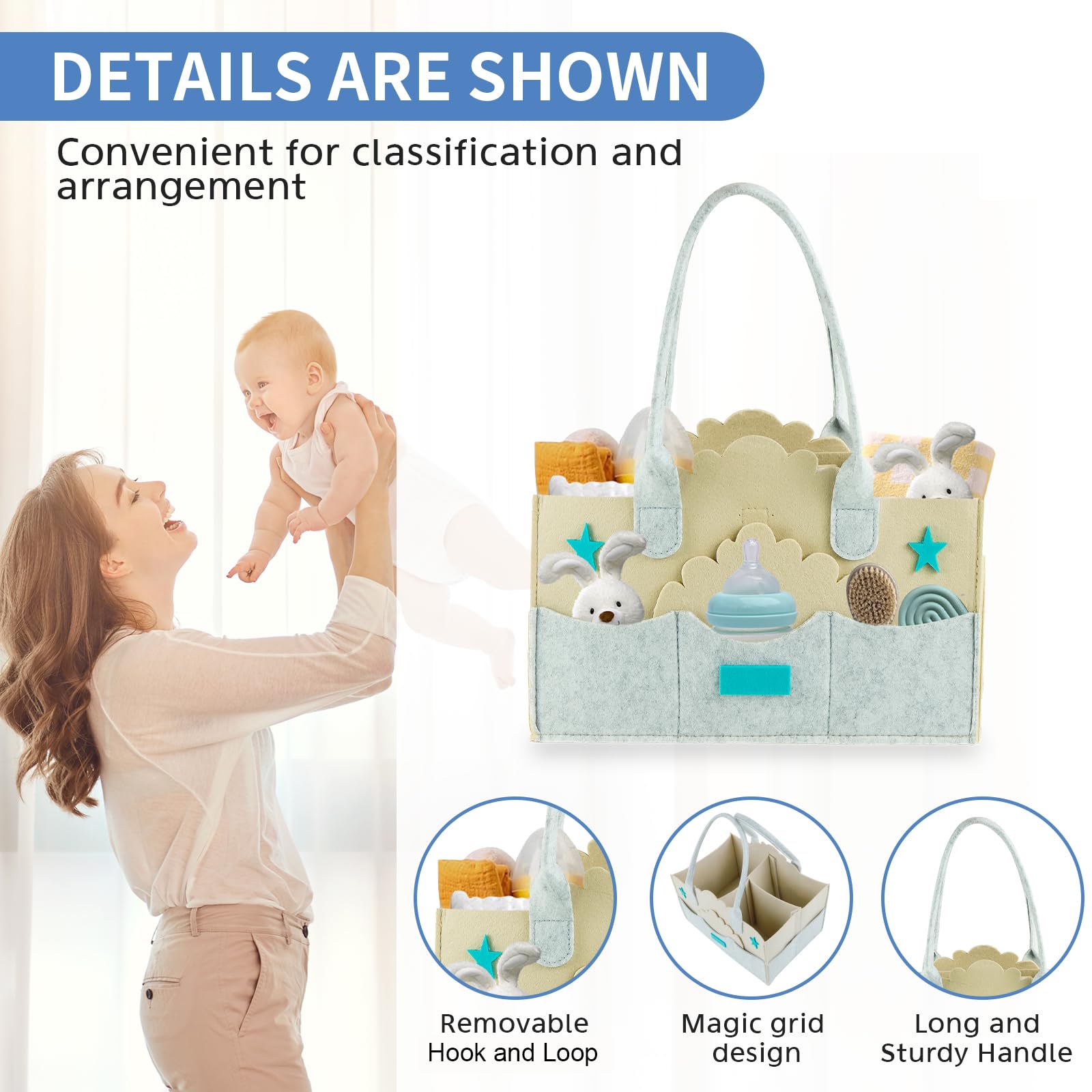 Organizador Pañales, Cesta Cambiador Bebe, Organizador pañales bebe Portatil, Cesta Bebe para Pañales con Compartimentos y Asa, Ideal para Organizar y Guardar Artículos para Bebés