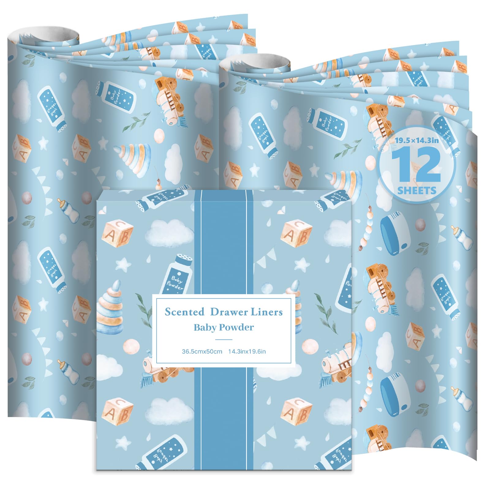 DERDUFT Scented Drawer Liner Paper - Baby Powder Scented Sheets for Drawers and Wardrobes - 12 Large Decorative Sheets 36.5x50cm / 14.4x19.7in for Bedroom Dresser Closet Storage Box