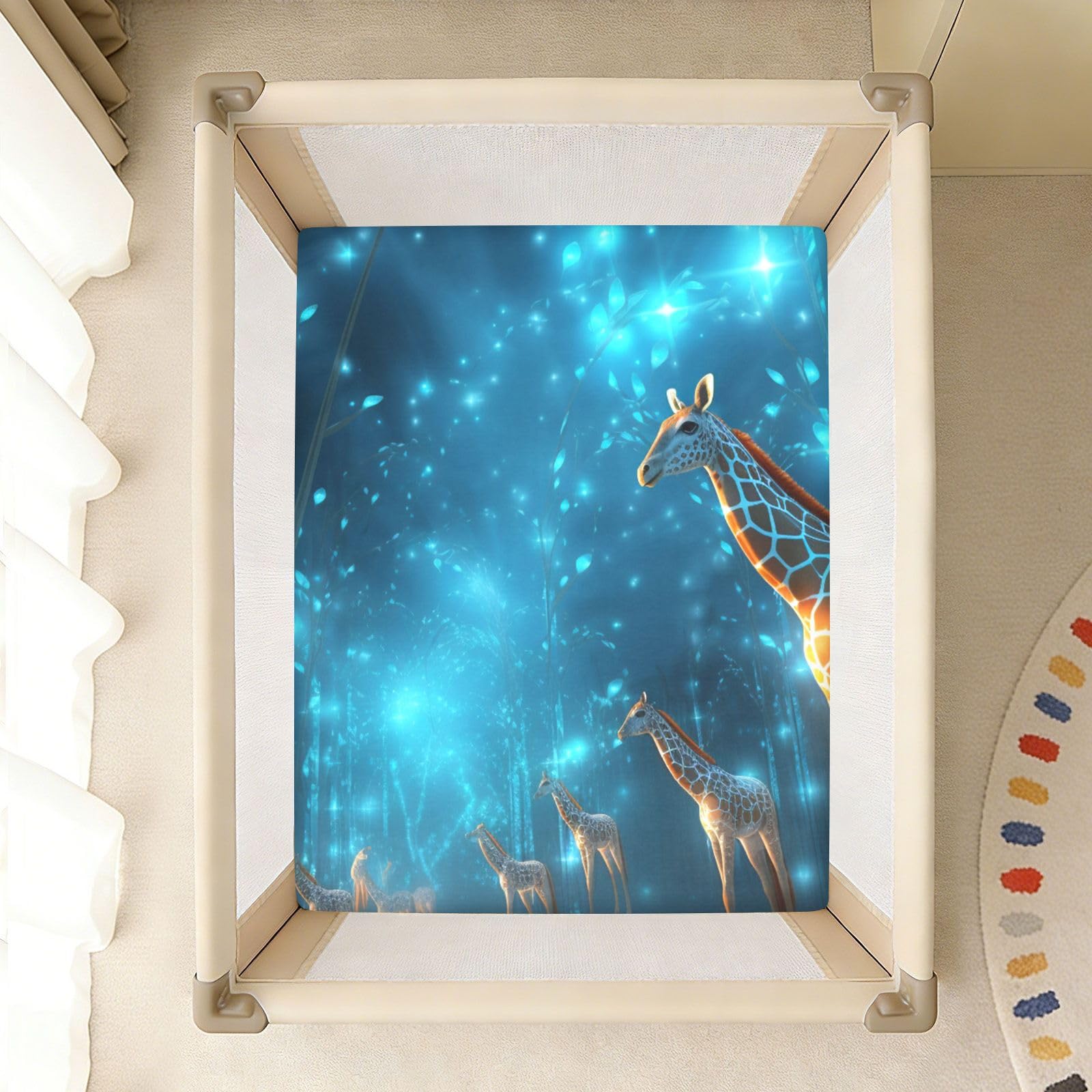 Espacio Azul Jirafas Sparkle Sábana de Cuna para Niños Pequeños,Sábanas de Algodón Suave para Bebés Aptas para Colchón Corralito