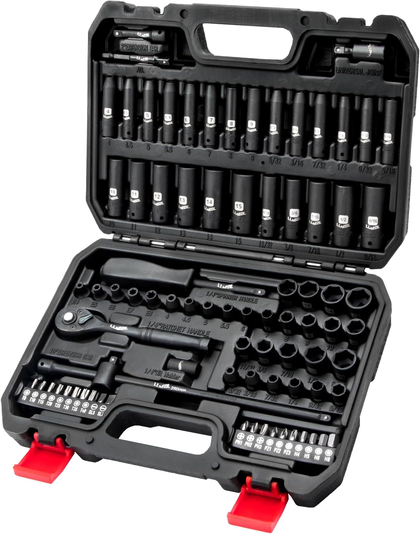 LLNEDL 1/4 Inch Drive Impact Socket Set, 83Pcs Socket Wrench Set Metric & SAE from 4-15mm, 5/32-9/16", 6 Point CR-V Deep & Shallow Sockets Kit with 72T Ratchet Handle, E Torx, for Automotive & Home