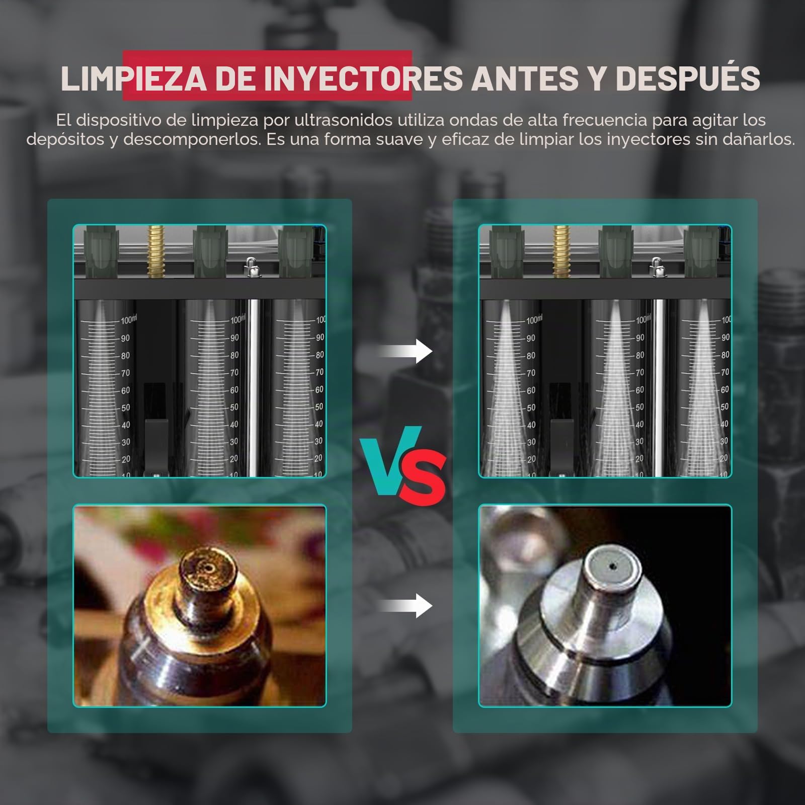PLAYOCCAR Kit Limpiador y probador de inyectores de Combustible, 4 Cilindros, ultrasónico, para Coches y Motocicletas de Gasolina y diésel