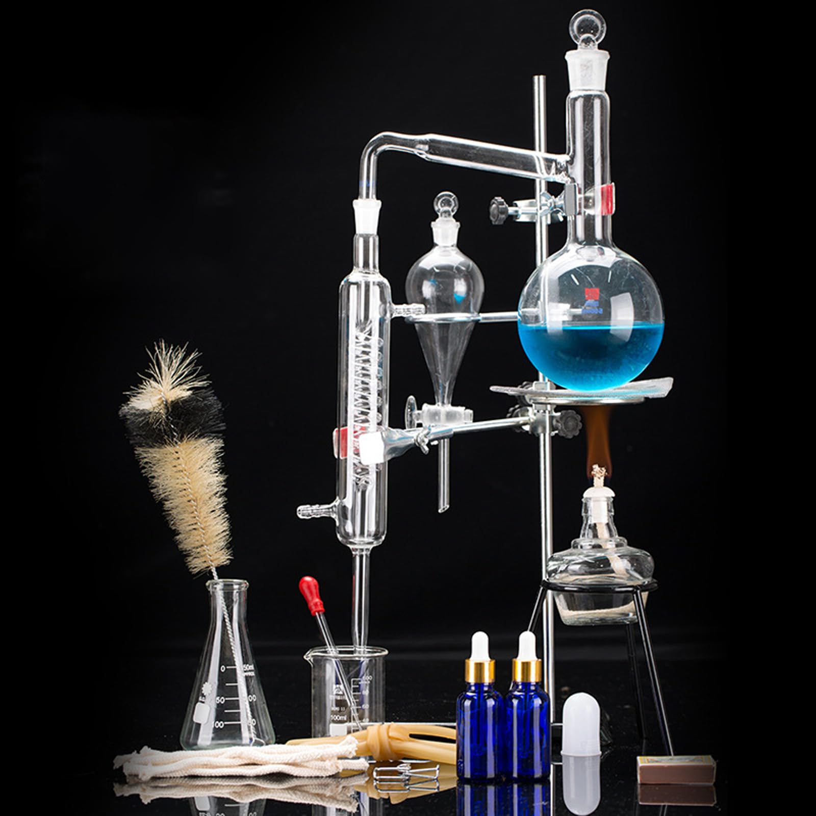 Kit per distillazione in laboratorio, apparecchio per distillazione a vapore in vetro per chimica, kit per distillatore di oli essenziali da 500 ml, attrezzatura per distillazione in vetro da