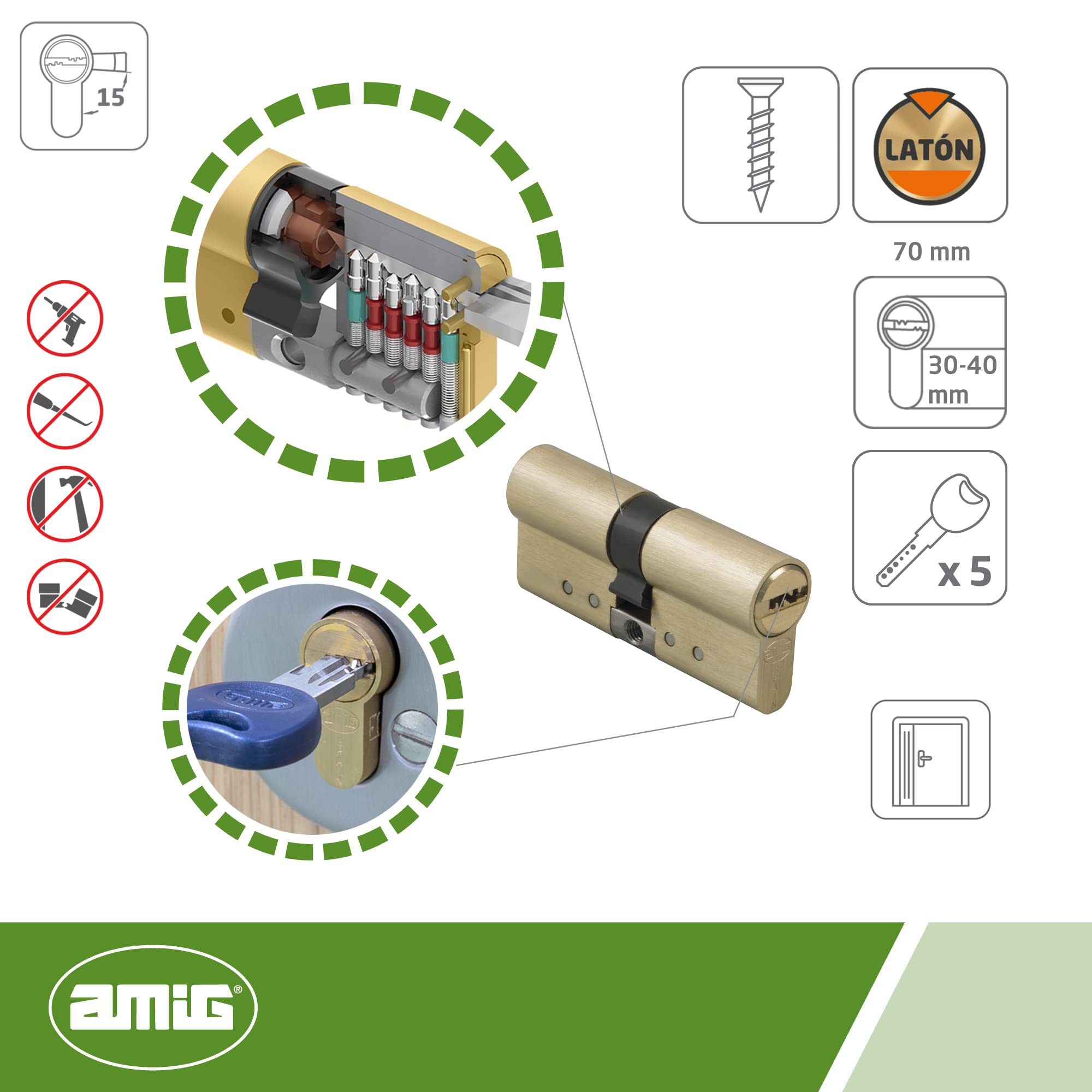 Amig - Pack de Seguridad Cerrojo de Acero y Cilindro de Latón Igualado para Puertas de Madera - Mod. 1PLUS - ø 70 mm (30-40) - Aumenta la Seguridad de tu Hogar - Acero Dorado