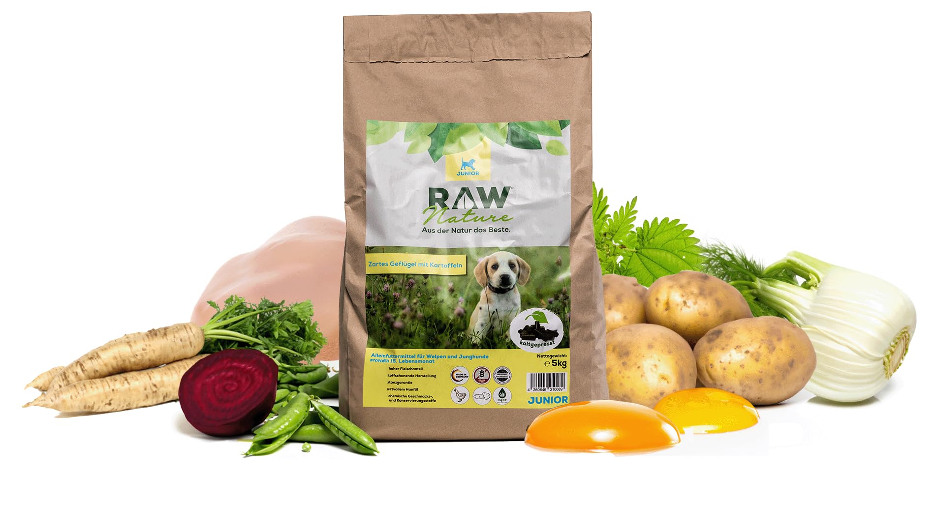 RAW Nature Trockenfutter JUNIOR mit Huhn 12kg, kaltgepresstes Hundefutter, Getreidefrei, 100% Muskelfleisch, hoher Fleischanteil, ohne künstliche Zusätze, für alle Rassen und Sensible Hunde geeignet