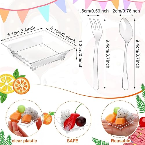 Miniatura 2 de Paquete de 300 platos de postre de plástico transparente, pequeños platos de postre desechables, mini platos de aperitivo, paquete de 150 tenedores
