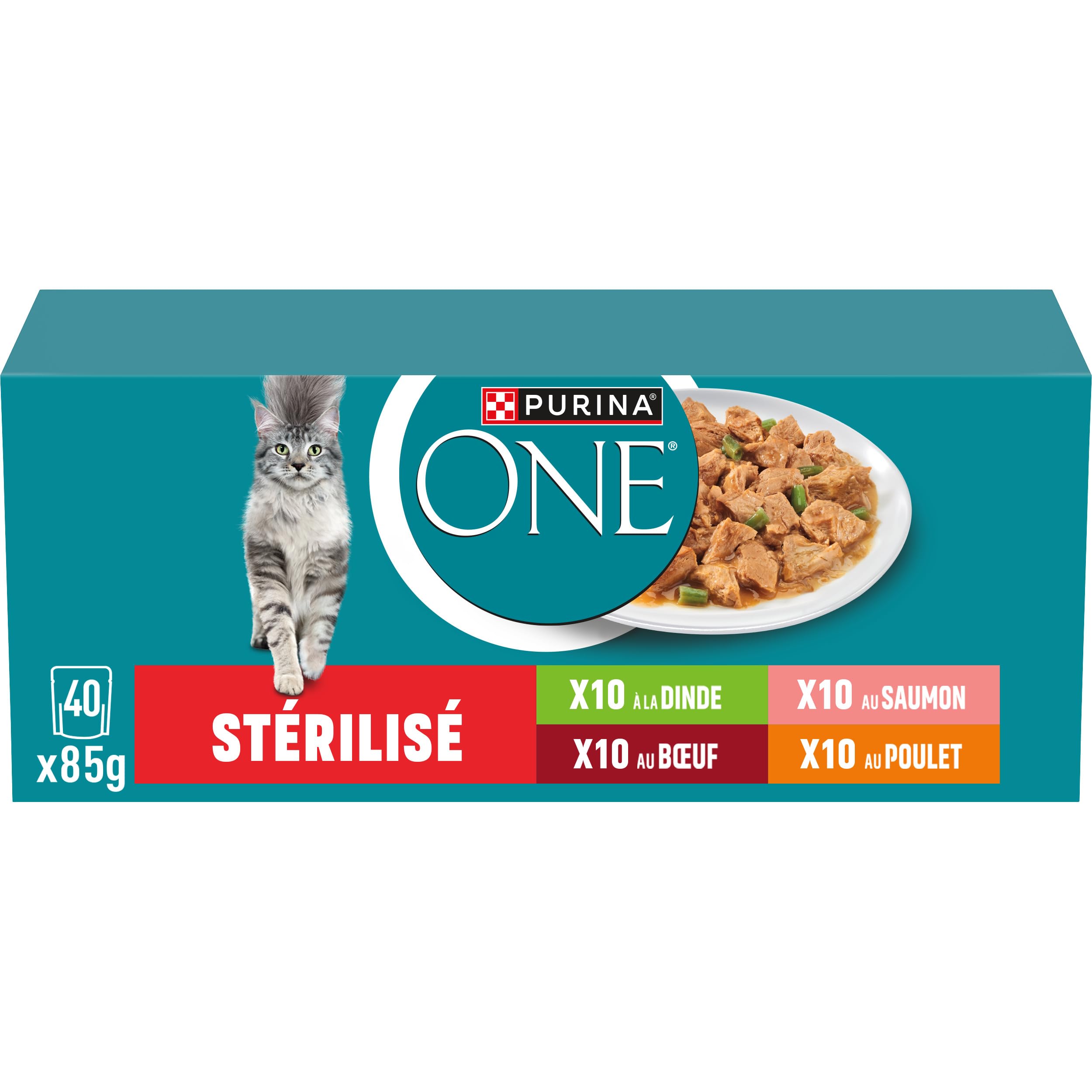PURINA ONE | Gatto adulto Sterilizzato | Sostiene la vitalità del gatto, i muscoli e le articolazioni | Scagliati in salsa | Manzo, Pollo, Salmone, Tacchino | Bustine Freschezza, Confezione da 40 x 85