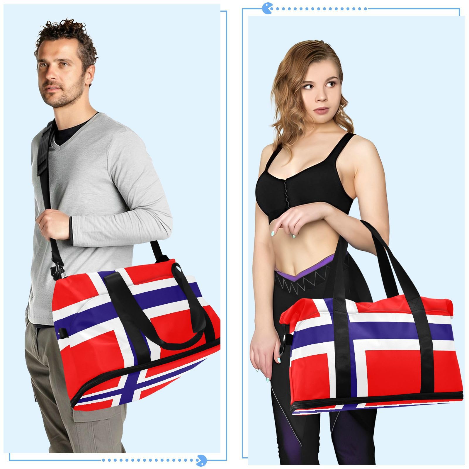 Lot de 2 sacs de week-end avec poche humide et sangle réglable pour la randonnée - Motif drapeau de la Norvège - Pour homme et femme