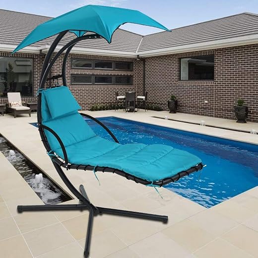 Hammock Chair Hanging Chair Lounge Chairs Outdoor Porch Swing Arc Stand with Canopy Umbrella and Pillow, 280 LBS Capacity, Heavy Duty Large Air Floating Chaise Chair for Patio Backyard Deck Garden