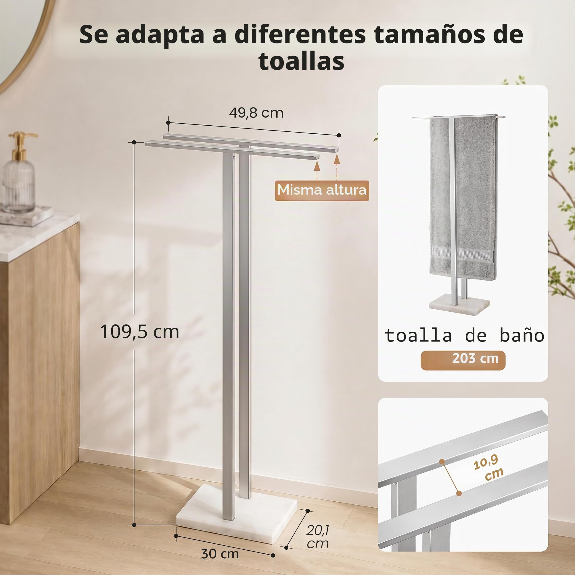KES Toallero de pie para baño, Toallero de pie con Base de mármol ponderada de 2 Niveles, Toallero de baño Doble Extra Alto y Grueso de Acero Inoxidable 18/8 Acabado Cepillado, BTH232-2