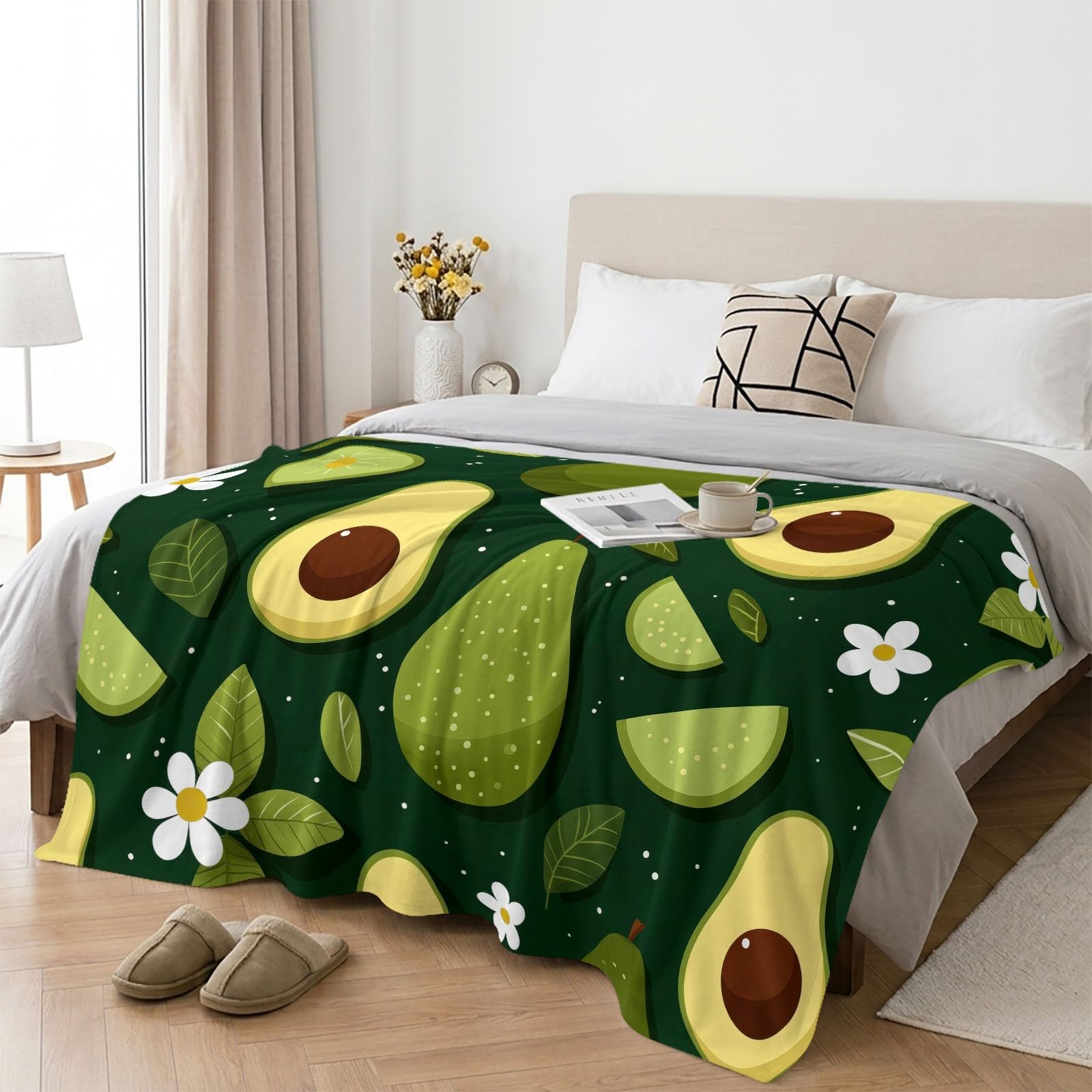 Manta de 180 x 220 cm, diseño de flores y aguacates con hojas impresas, manta de forro polar de franela cálida y mullida, bonita manta dibujada a mano para sofá, cama, viajes, camping