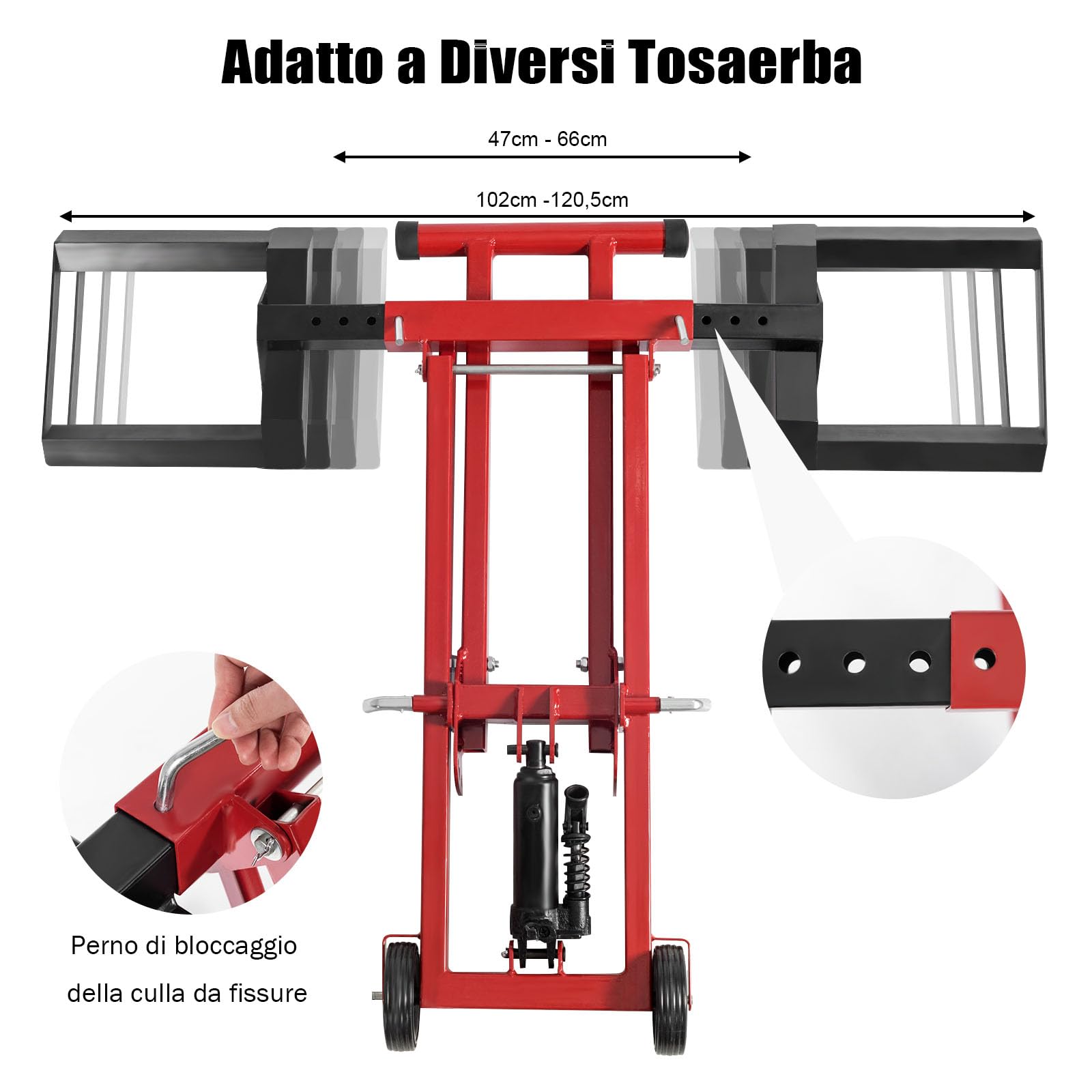 GYMAX Sollevatore Portatile per Tosaerba, Supporto Idraulico Pieghevole con 2 Ruote, 3 Altezze Regolabili, Capacità di Carico 227 KG, Piattaforma di Sollevamento Idraulica per Tosaerba, Trattori