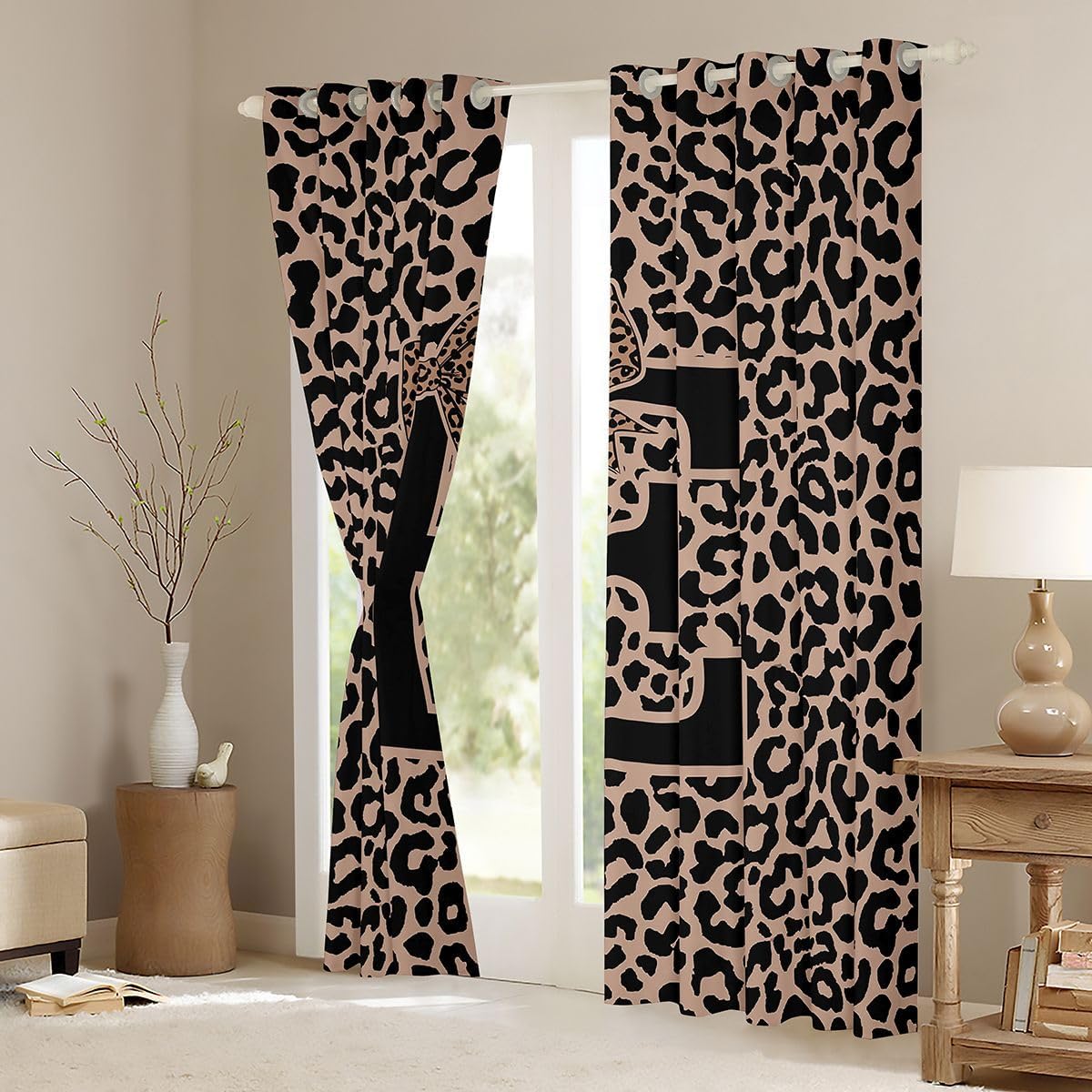 Feelyou Black Brown Leopard Window Treatments, 2 Panels 38 x 45 Inch Personalized Letters E Blackout Drapes Leopard Bowknot Room Decor Cheetah Print Curtains for Bedroom Living Room image 3