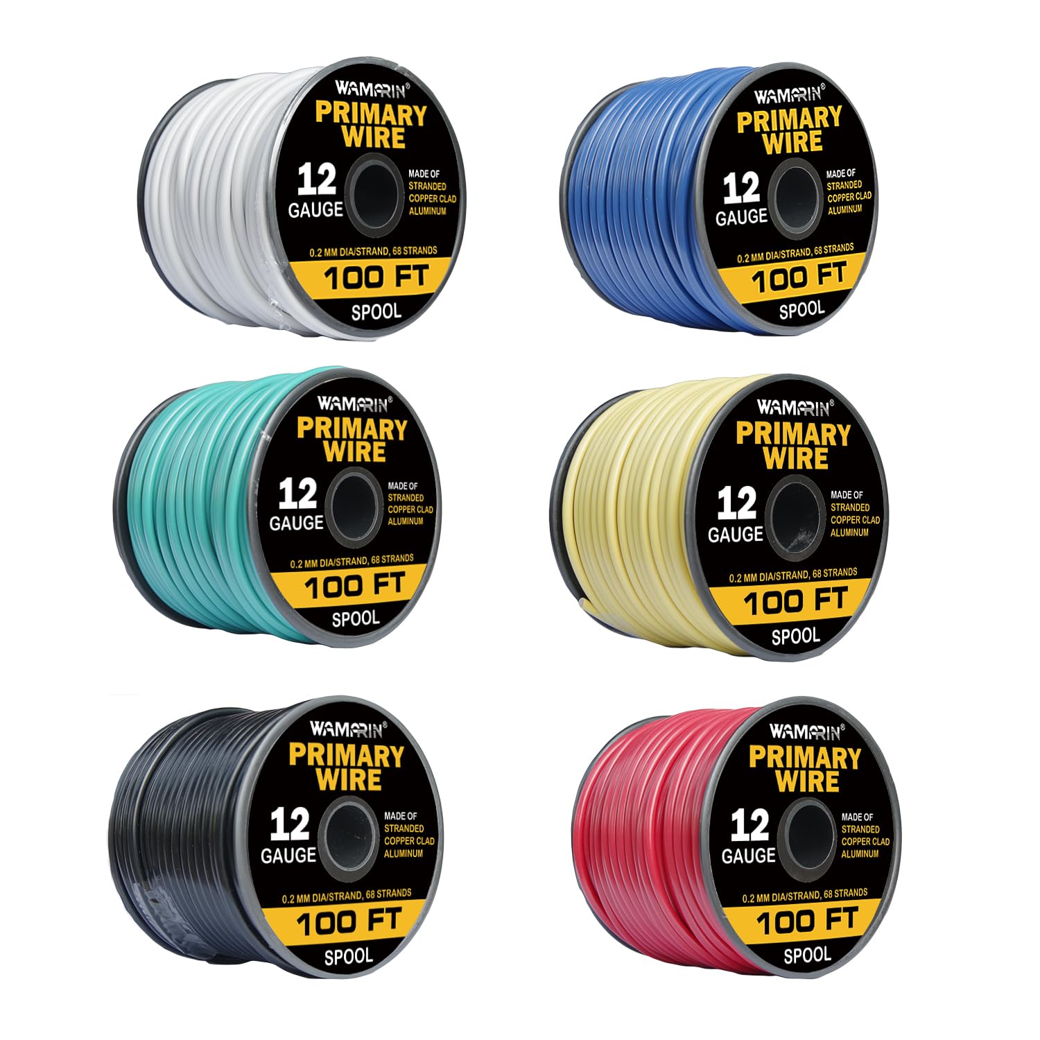 Wamarin 12 Gauge Wire Combo, 6 Colors, 100ft Rolls (600ft Total) - Durable Copper Clad Aluminium, Ideal for Heavy-Duty Auto & Home Projects, Insulated