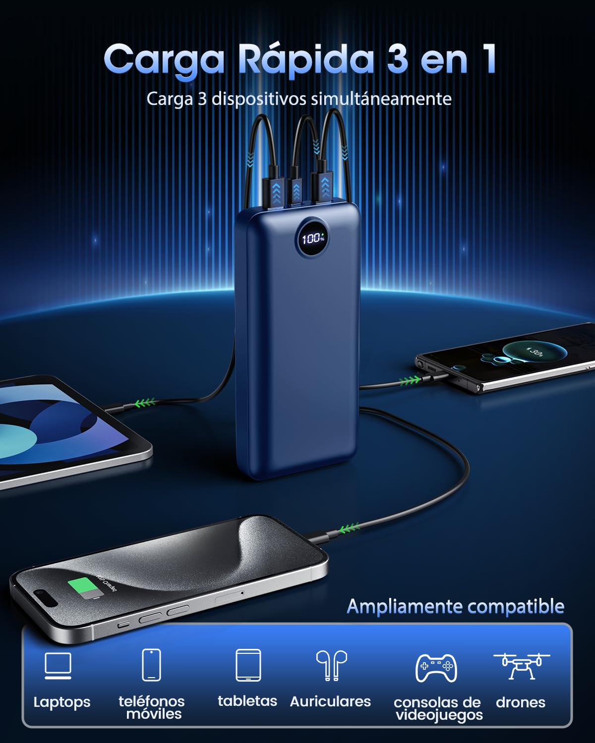 Power Bank 50000mah, 22.5W Bateria Externa Carga Rapida Portatil Camping,USB-C con 3 Salidasy 2 Entradas, Pantalla Led, Gran Capacidad Compatible con iPhone iPad, Android Azul