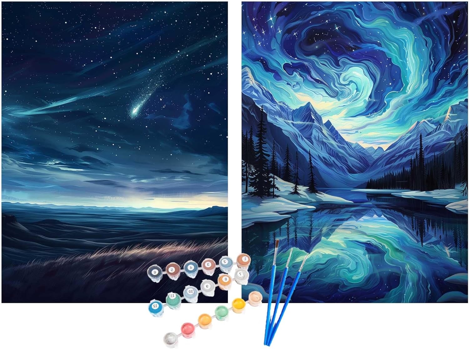 Alaska Landscape Paint by Numbers Kit for Adults, Snow Mountains Paint by Number, Lake Number by Paint, Stars DIY Oil Painting, Northern Lights Canvas Home Decor(12x16 Inch, 2 Pack, No Frame)
