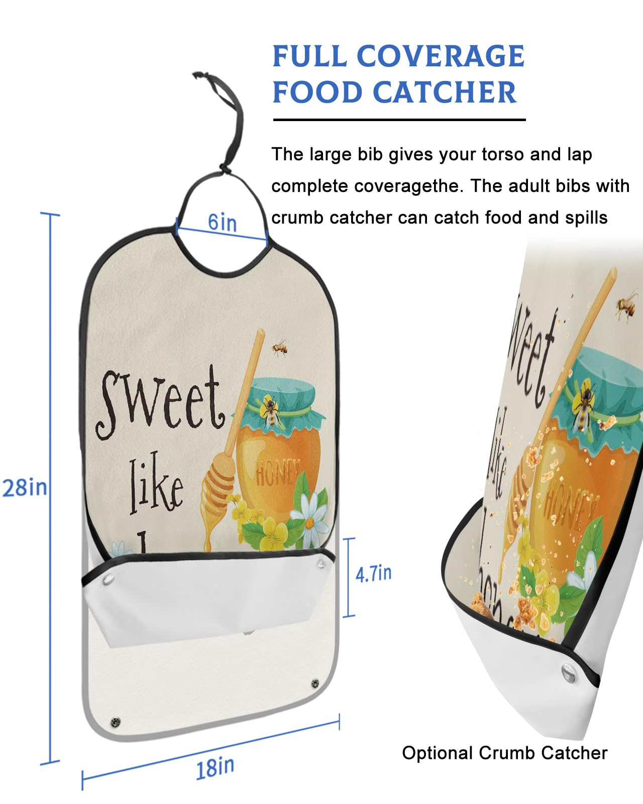LEOKOTI Farmhouse Summer Sweet Bee Adult Bibs for Eating, Waterproof Bibs with Food Catcher & Adjustable Snap Closure, Sweet Like Honey Washable Clothing Protectors Adult Bibs for Elderly Women/Men