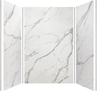Shower Surround Wall Kit, 36D*60W*75H Inch 1" Thick, Grid Surface Wall Panels for Shower Enclosure, White Marble Finish, SMC Material