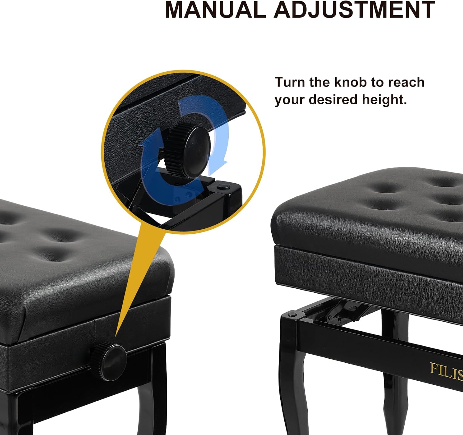 Adjustable Height Piano Bench with Storage, Keyboard Bench with High-Density Sponge Cushion,Curved Legs for Piano/Keyboard, Supports Duet Playing,Black