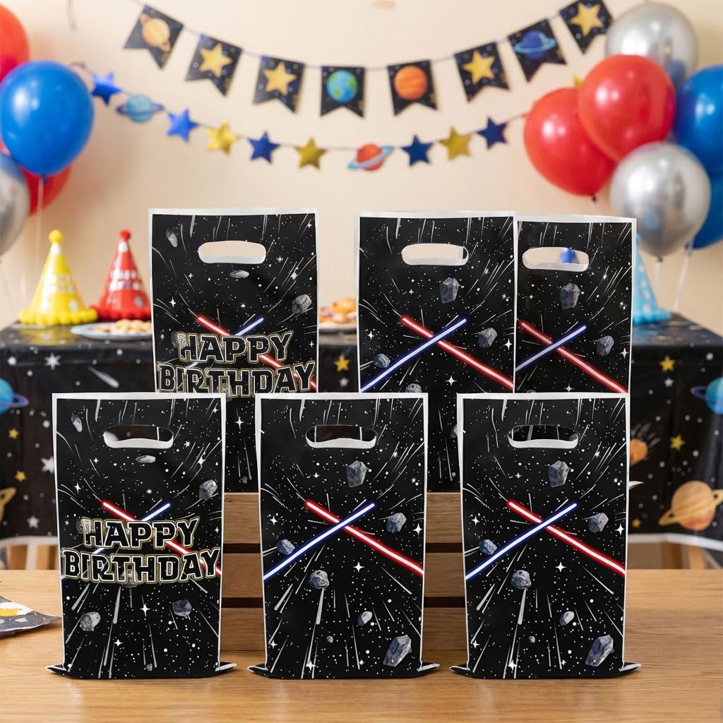 JeVenis 100PCS Galaxy Star Bag Black Galaxy Party Favor Bag Candy Treat Bags Print Happy Birthday Patterns with Handles Plastic Snack Gifts Bags Holiday Party Supplies