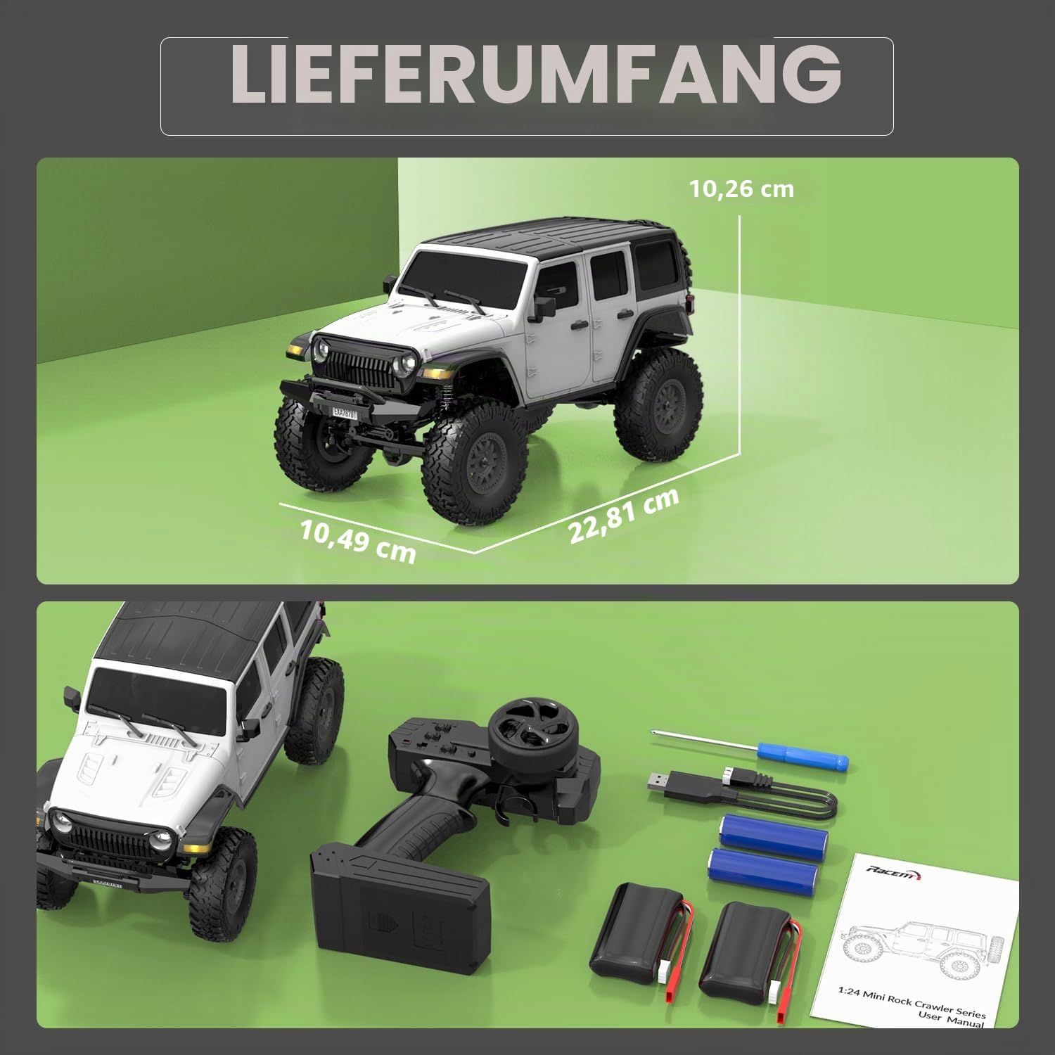 FLYCOLOR RCS24 Off Road 1/24 RC Truck 4x4 Off Road Crawler Kletterfahrzeug All Terrain RC Monster Truck Fernbedienung Auto mit hellem Scheinwerfer 2 Batterien wasserdicht Hobby-Spielzeug (RTR Weiß)