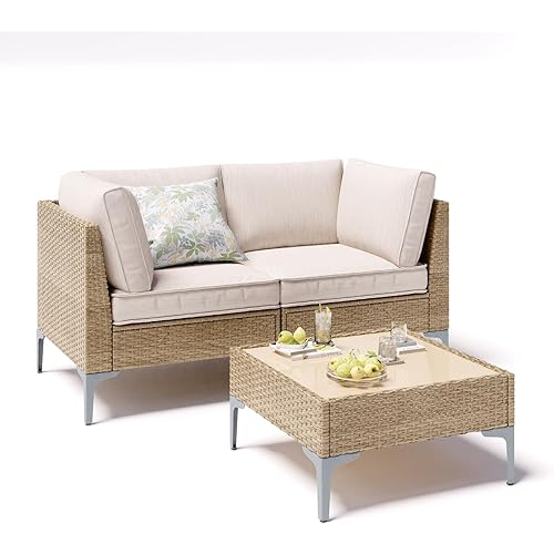3 Piece Wicker Patio Furniture Set,Outdoor Conversation Loveseat Sectional Sofa w/Coffee Table,All-Weather Outdoor Sofa with Thick and Anti-Slip Cushions for Deck,Poolside,Garden,Beige
