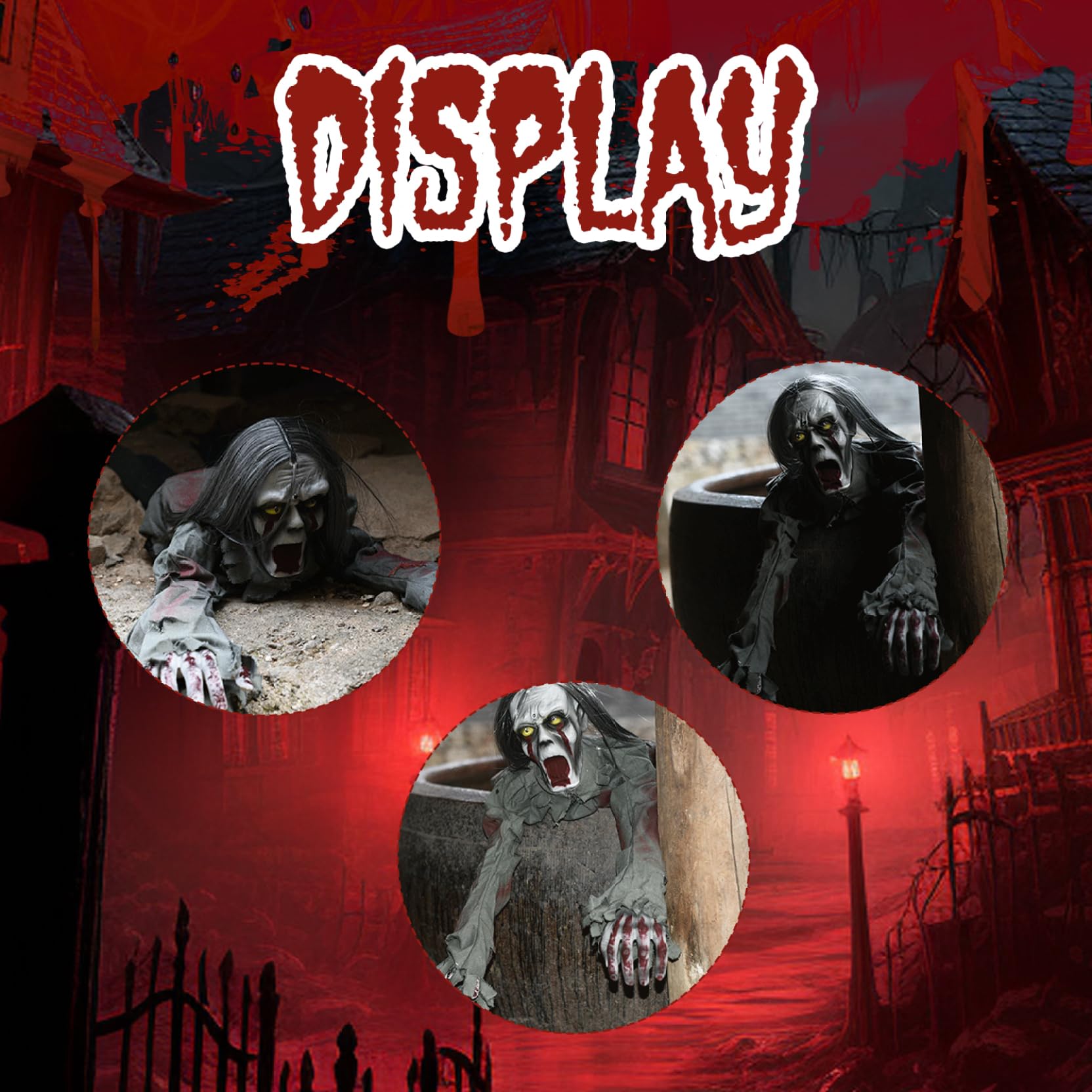 Décorations de zombies rampants, activées par le son, rouge, 3, 6 pieds.