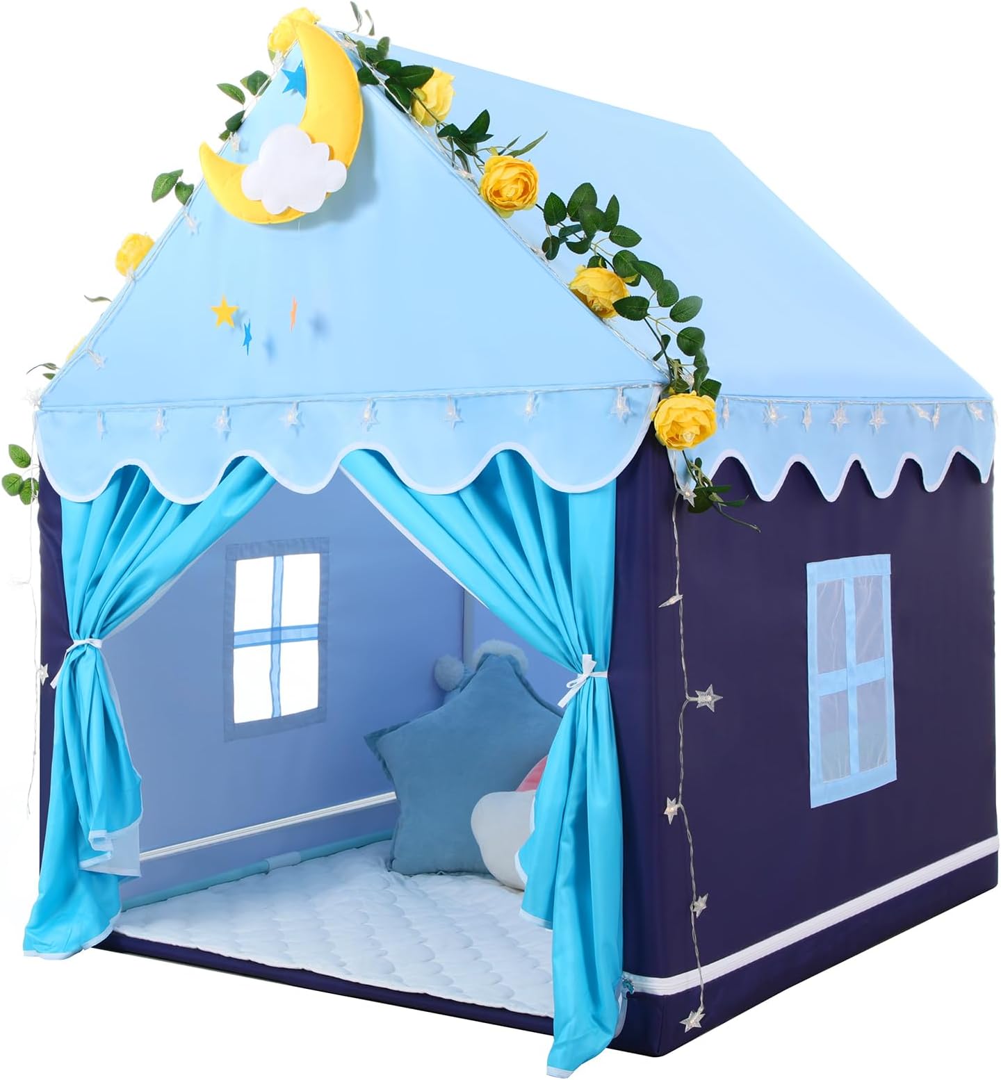 Kid Tent with Mat, Star Lights - Kids Play Tents for Toddlers Kids Tents Indoor Playhouse - Princess Tent for Girls Toy House Gift (Blue with Cloth)