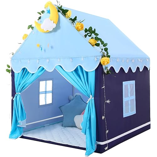 Wilwolfer Kid Tent with Mat, Star Lights - Kids Play Tents for Toddlers Kids Tents Indoor Playhouse - Princess Tent for Girls Toy House Gift (Blue with Cloth)