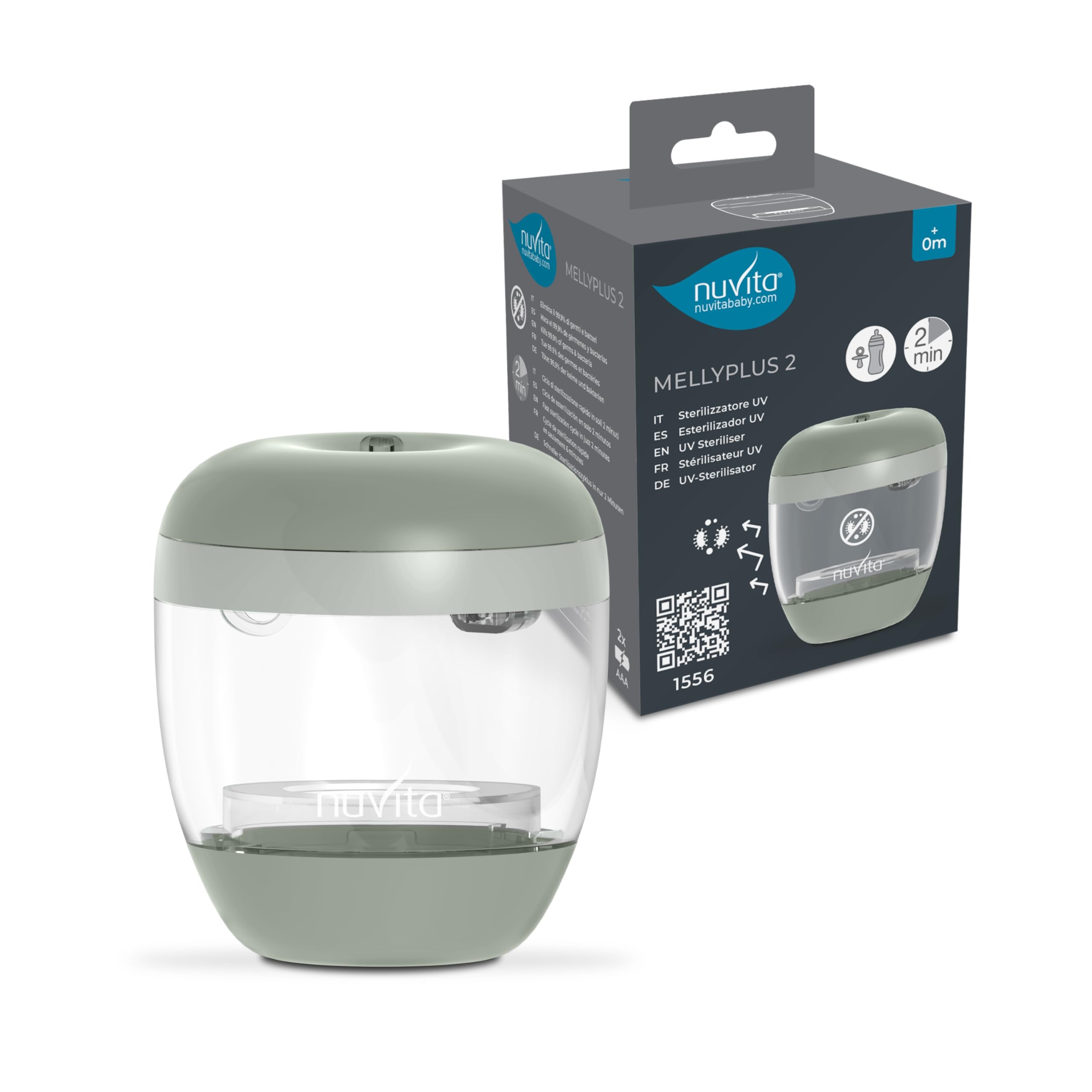 Nuvita 1556 | MellyPlus Stérilisateur Portable UV Ultraviolet pour Sucette, Protège-tétons, Tétines et Biberons | Désinfectant 99,9% de germes et bactéries | Sans BPA | Vert Sauge