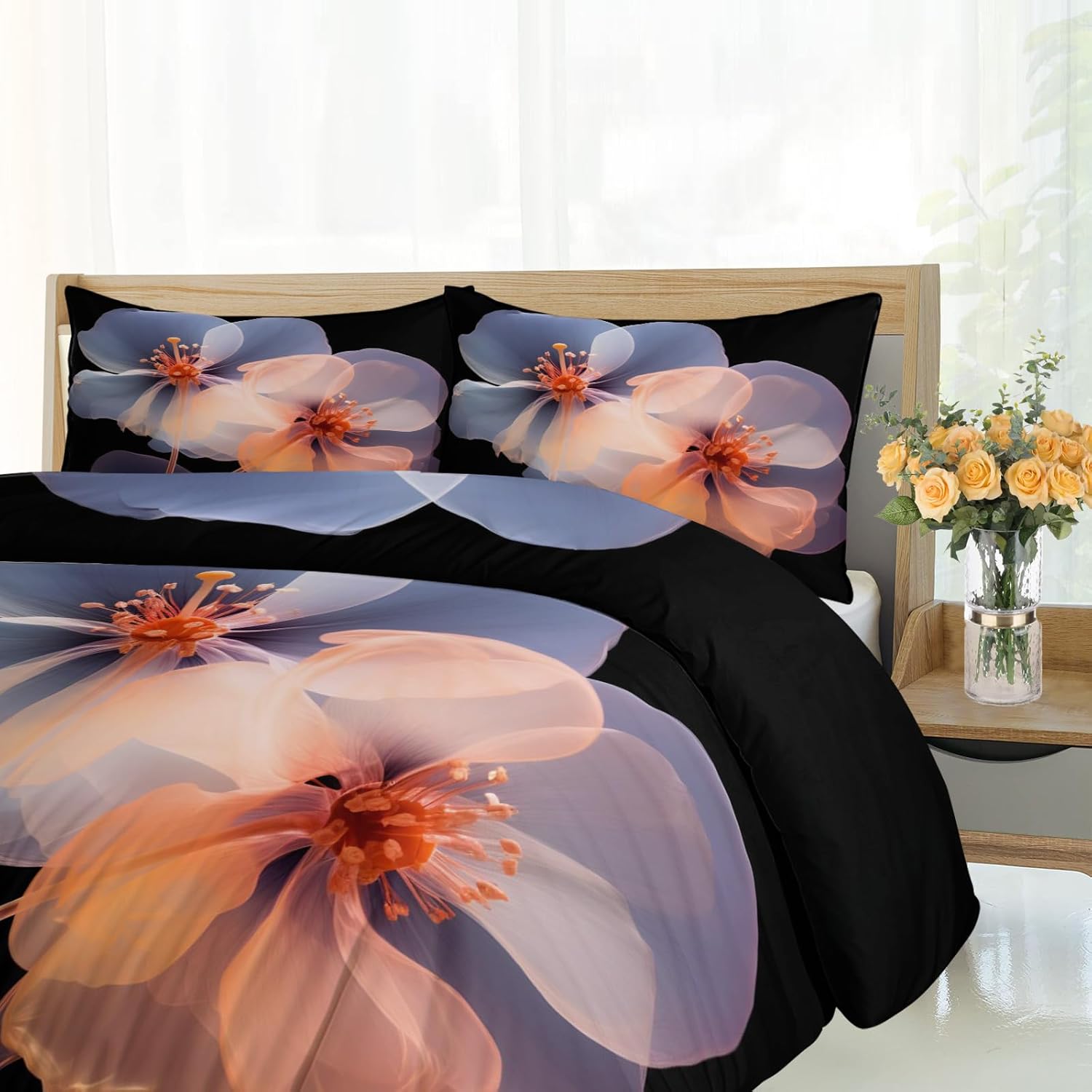 Flowers Duvet Cover Twin Size, Florals Bedding Minimalism Decorative Kids' Duvet Cover Sets Ultra Soft Bedding with Zipper Closure for Kids Room Teen Bed Decor