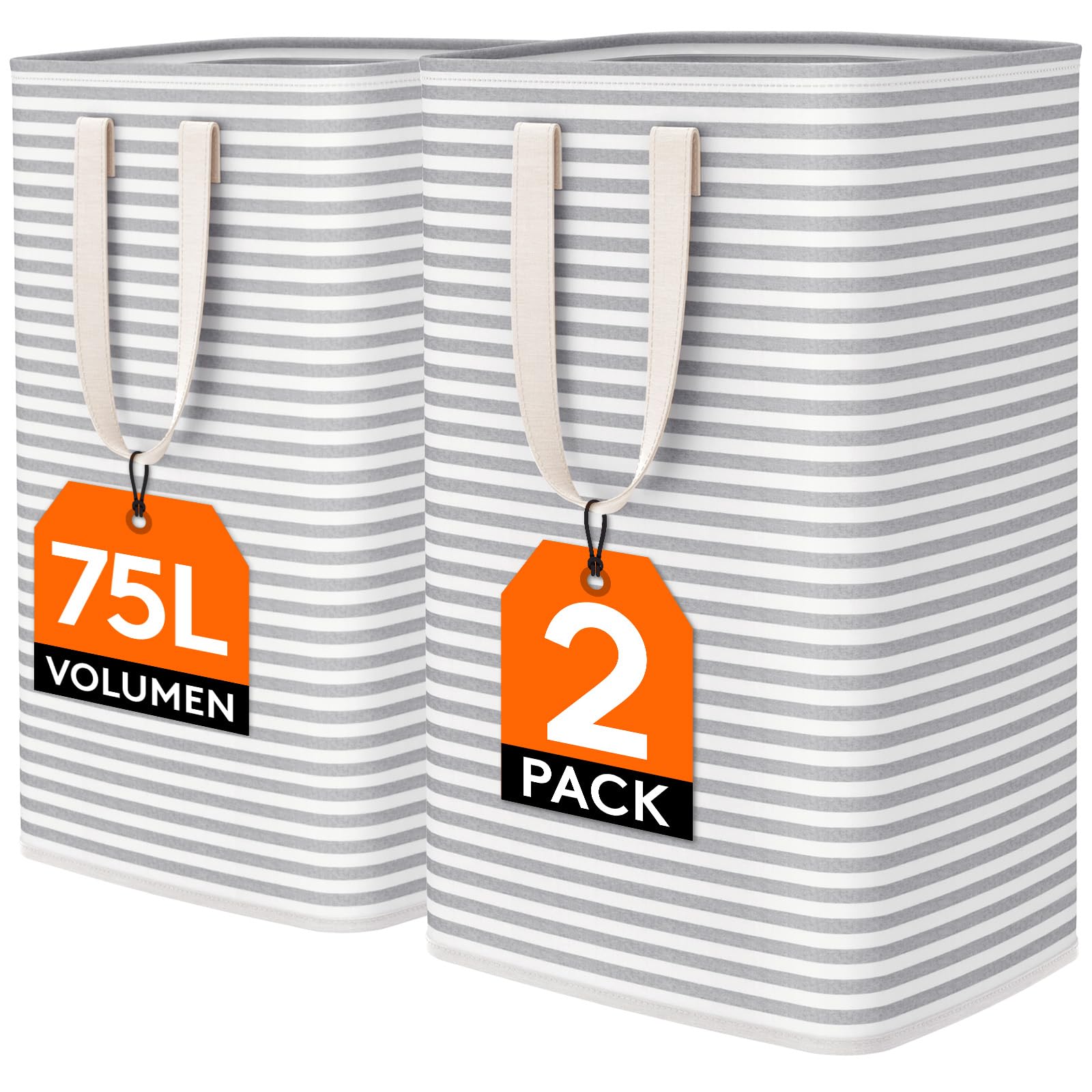 Lifewit Panier a Linge, Grande Corbeille a Linge Pliable et Imperméable avec Poignées, Laundry Basket, Bac Linge Sale pour Vetements, Chambre, Gris, 75L, Lot de 2 Recycled Claim Standard 100