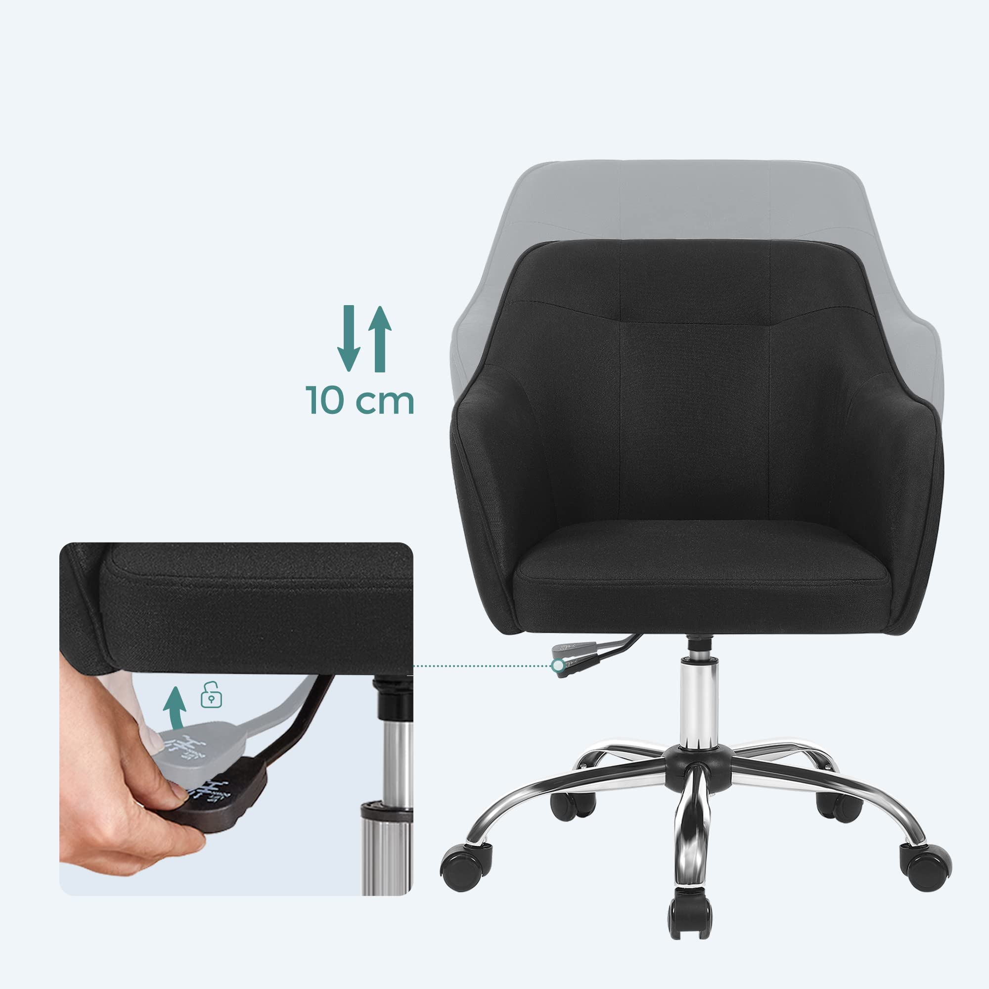 SONGMICS Homeoffice Stuhl, 2er Set, Drehstuhl, Schreibtischstuhl, höhenverstellbar, bis 110 kg belastbar, atmungsaktiver Stoff, für Arbeitszimmer, Schlafzimmer, schwarz OBG919B01