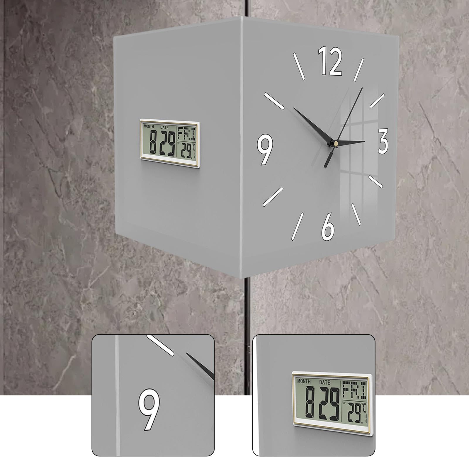 perfk Orologio da Parete angolare bifacciale Orologio Digitale con visualizzazione della Temperatura, del Mese, della Settimana per la Decorazione, Grigio