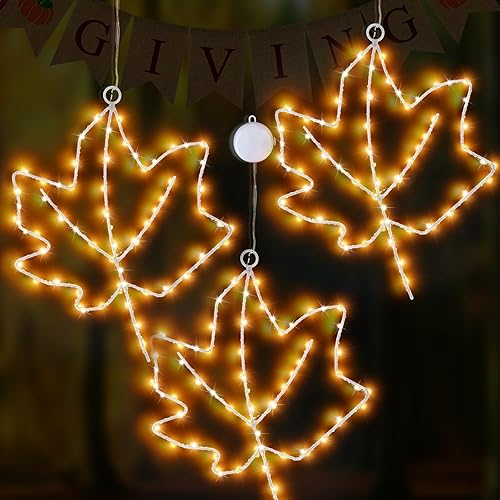 Decoraciones de ventana de otoño, 3 piezas de hojas de arce decoración de otoño luces naranjas con ventosa, temporizador, luz de silueta a pilas