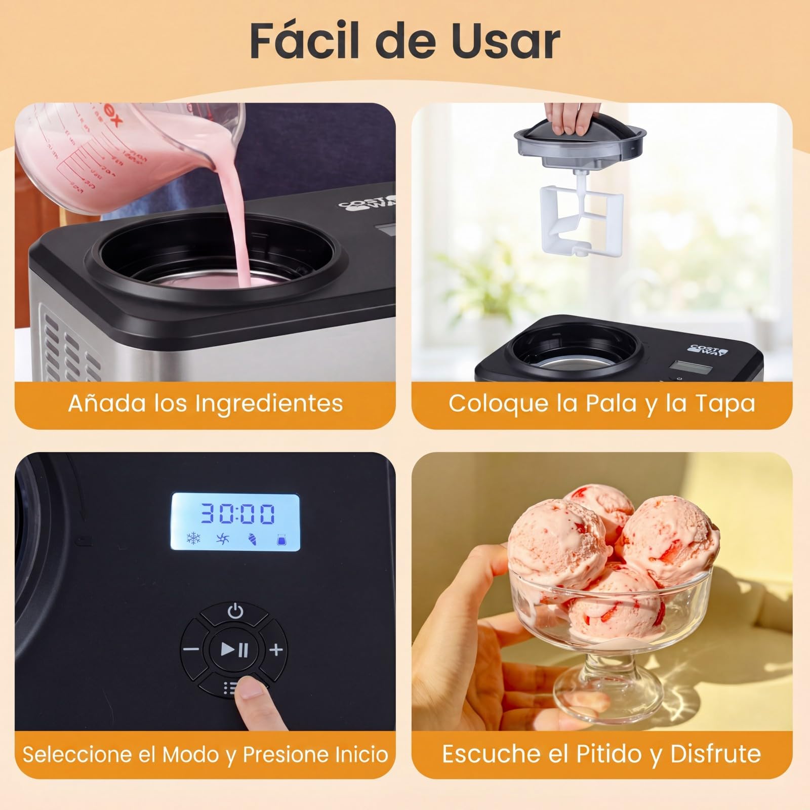 COSTWAY Máquina de Helados 1,5 L, Heladera de Acero Inoxidable Casera con Compresor Integrado, 4 Modos, Pantalla LCD, Función Temporizador, Máquina para Hacer Helado Gelato Sorbete Yogur para Hogar