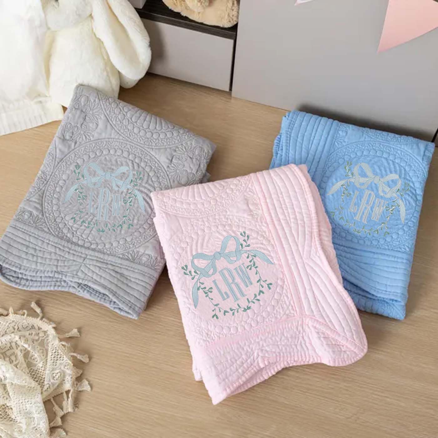Personalized Baby Quilt Blanket with First & Middle Name, Custom Embroidered Monogram Infant Blankets for Baby Shower Heirloom Quilt Bow Baby Quilt Gifts for Newborn Girls Boys (Style C)