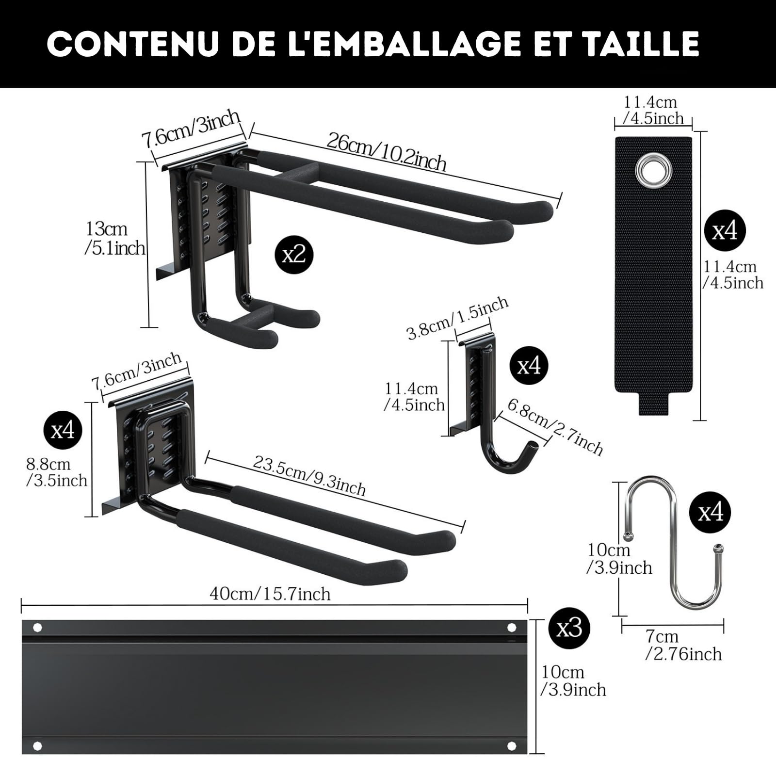 3-H Porte Outils Mural Jardin 120cm, Range Outils de Jardin en Acier Carbone avec 3 Rails & 10 Crochets de Garage Réglables & 4 Crochets S & 4 Sangles | Support Mural Modulable pour Ski Balai Râteau