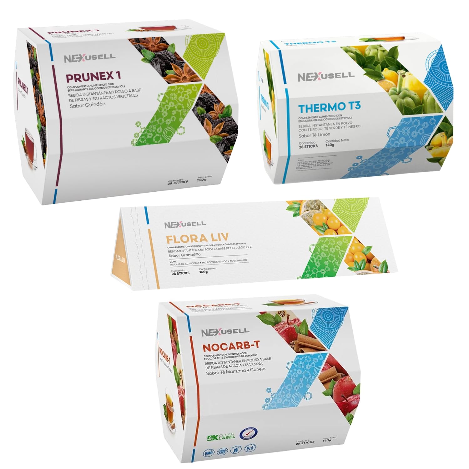 PACK De Té de Prunex + Thermo T3 + Nocarb + Flora Liv + Caja Sorpresa + Termo | 5 cajas de 28 Sobres de 5gr C/U | Apoyo Digestivo, Energía y Control Metabólico Detox y Bienestar