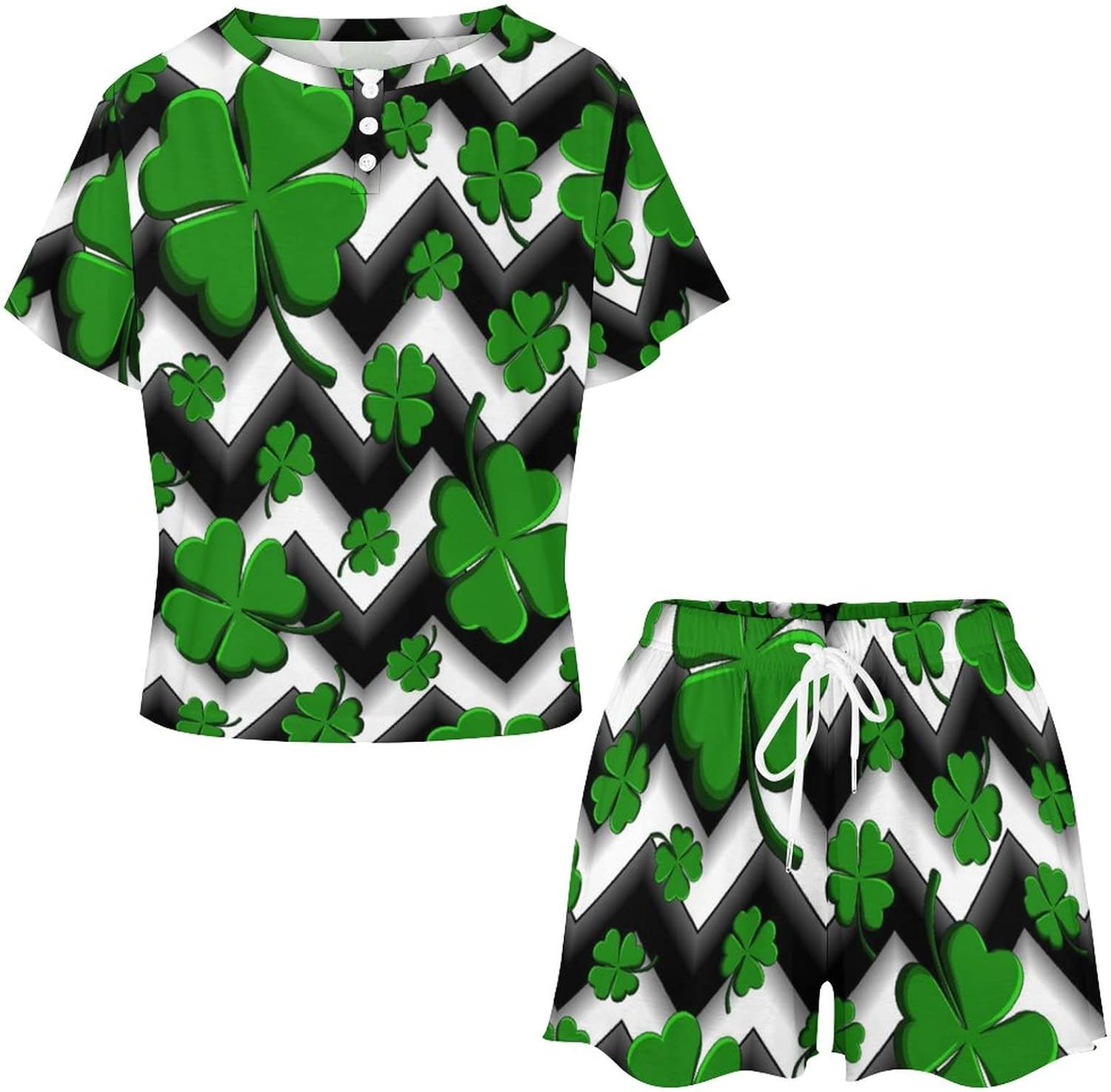 Four Leaves St Patricks Day 2 Piece Pajamas Set Botton Down Short Sleeve Sleepwear with Loungewear Pants for Women XL : Clothing, Shoes & Jewelry