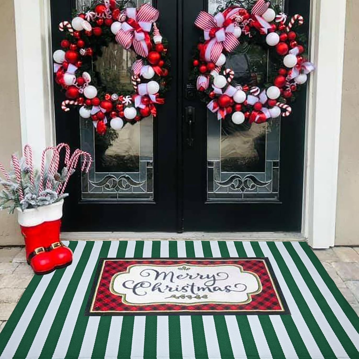 St. Patrick's Day Decorations Green & White Striped Rug, 3' x 5' Indoor/Outdoor Area Rug for Front Porch, Entryway, Machine Washable Cotton Woven Welcome Door Mat
