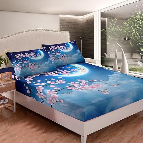 Miniatura 2 de Juego de sábanas de 4 piezas, diseño floral, tamaño King, diseño de flor de cerezo y cielo nocturno, juego de ropa de cama de microfibra cepillada