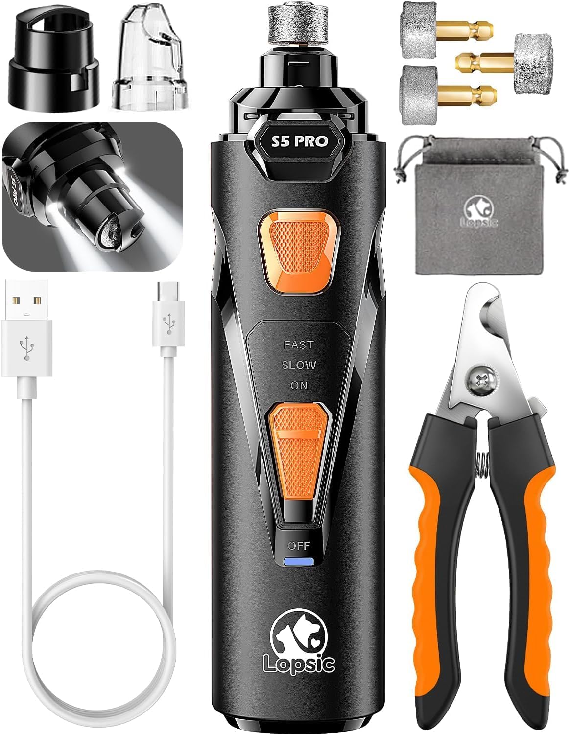 Whisper Quiet Dog Nail Grinder with 4 LED Lights, Safe & Stress-Free for Sensitive Dogs Cats of All Breeds & Sizes, 3 Grinding Bits, 3-Speed, Pet Nail Trimmers, Rechargeable Painless Grooming Kit