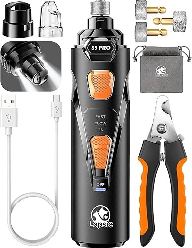 LOPSIC Molinillo de uñas para perros con 2 luces LED, potente recortador de uñas de 2 velocidades con 2 muelas abrasivas, súper silencioso,