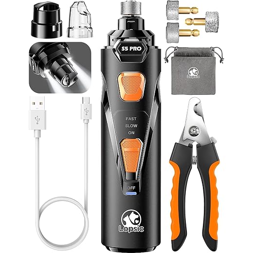 Whisper Quiet Dog Nail Grinder with 4 LED Lights, Safe & Stress-Free for Sensitive Dogs Cats of All Breeds & Sizes, 3 Grinding Bits, 3-Speed, Pet Nail Trimmers, Rechargeable Painless Grooming Kit