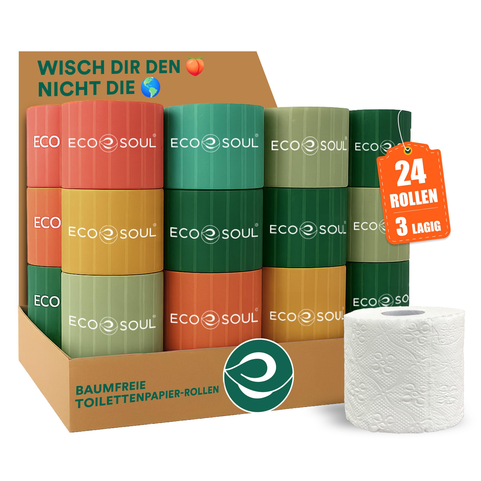 Eco Soul Bambus-Toilettenpapier, 3-lagig, 300 Blatt pro Rolle, kompostierbar, FSC-zertifiziert, weich und stark, nachhaltig, umweltfreundlich, septisch, sicher, Bio-Badetücher, 24 Stück