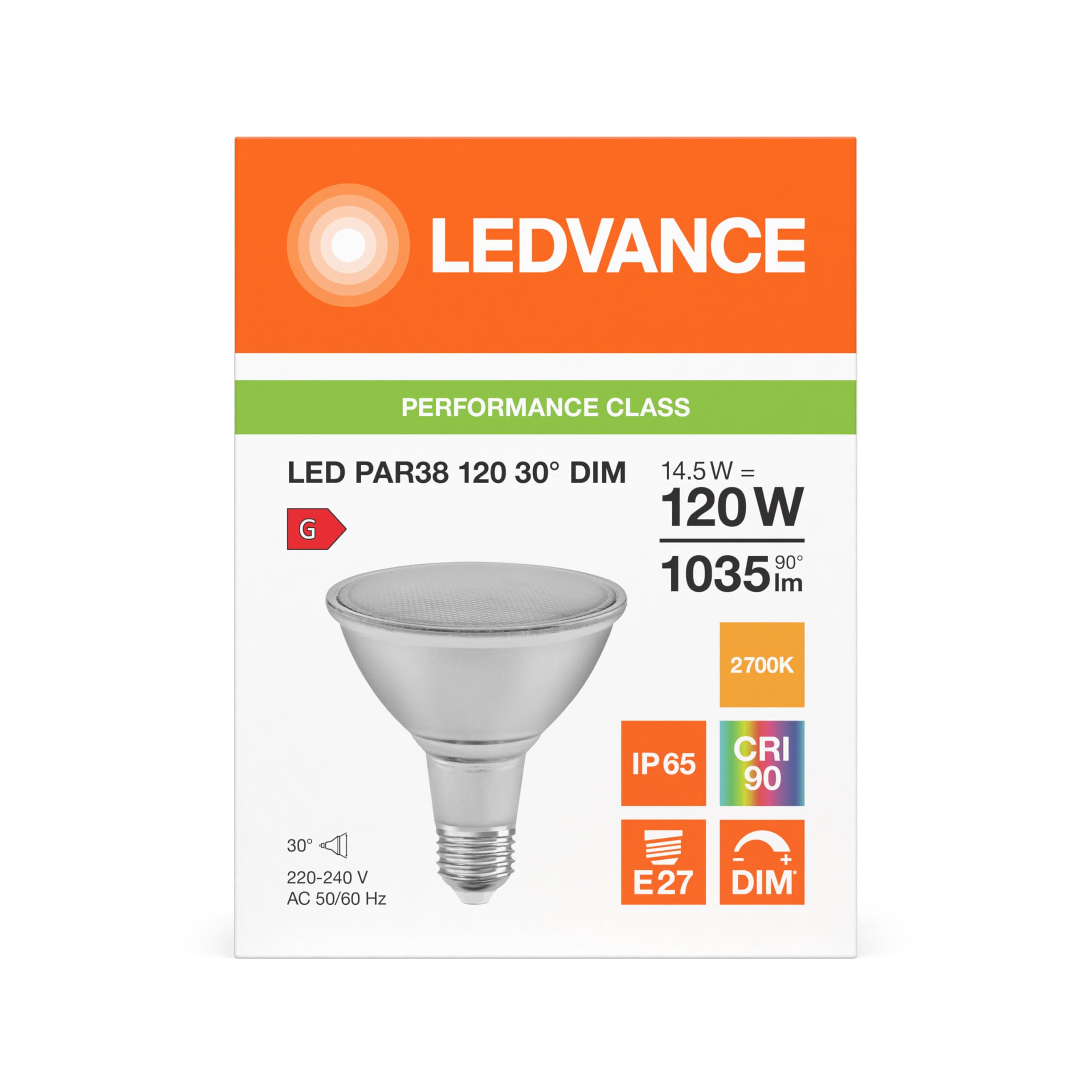 LEDVANCE 6x LED PAR38 Reflektorlampe, Warmweiß, 14,5W, E27, Dimmbar, 1035 lm, 30° Abstrahlwinkel, 120W Ersatz, 220-240V 6er SPARPACK