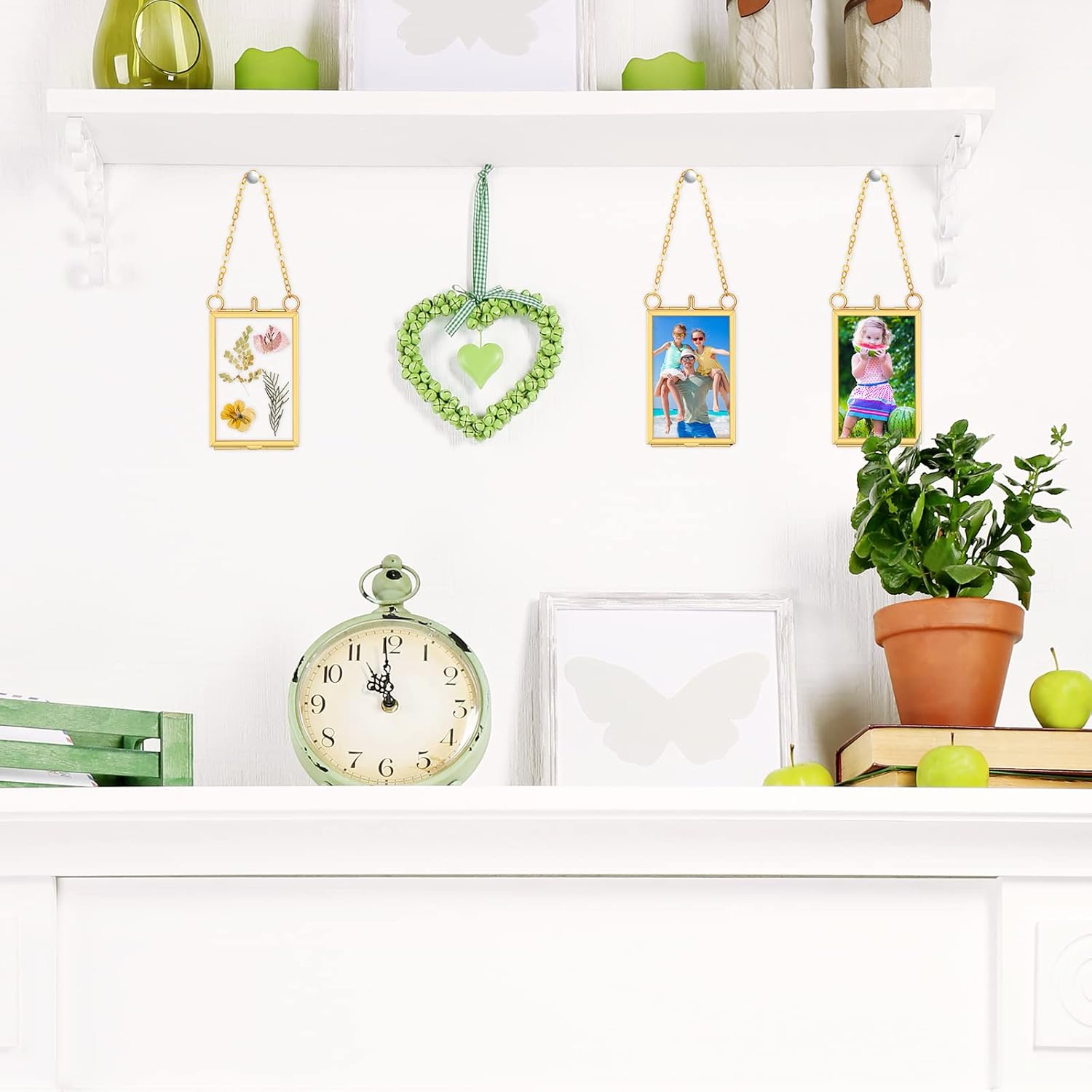 Reginary 8 Pcs 2 x 3 Inch Glass Frame for Pressed Flowers Mini Hanging Double Brass Frame Floating Glass Photo Picture Frame with Chain for Artwork Art Specimen Wall Plant DIY Decor(Gold)