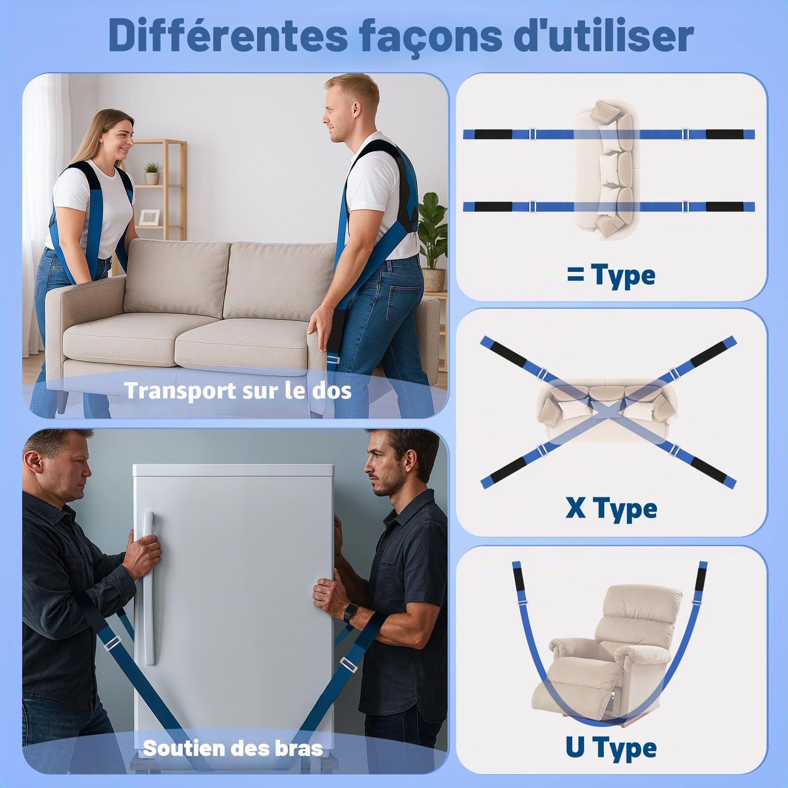 Sangle Déménagement et Levage 2 Personnes: Harnais d'Épaule Soutien Dorsal | Système de Levage Haute Résistance pour Déplacer Appareils Électroménager Meubles Matelas 880lbs, Réglable Polyester 1.6-3.4m